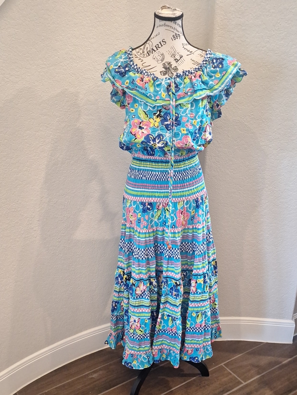 Vintage 80s Diane Freis Off The Shoulder Maxi Dress Tropical Floral Check Large